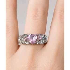 Vintage Pink Ring Glass Rhinestone Heart Silver Tone Cocktail Size 9 TN48